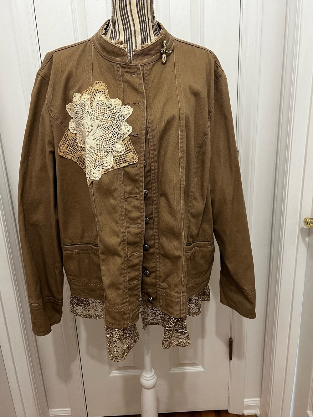 Baccini Upcycled dark tannish brown Jacket with Lace Appliqué